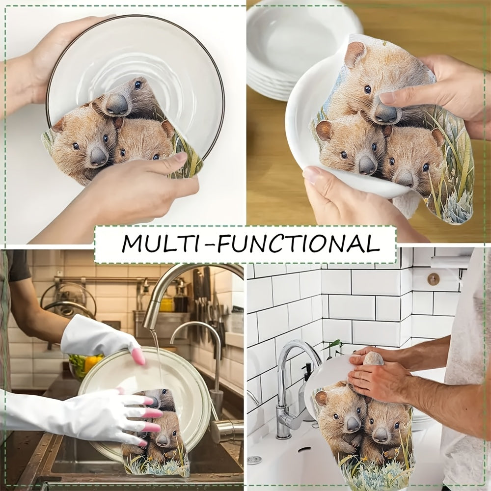 Set of 2 Watercolor Wombat Kitchen Towels Absorbent Dish Hand Towels
