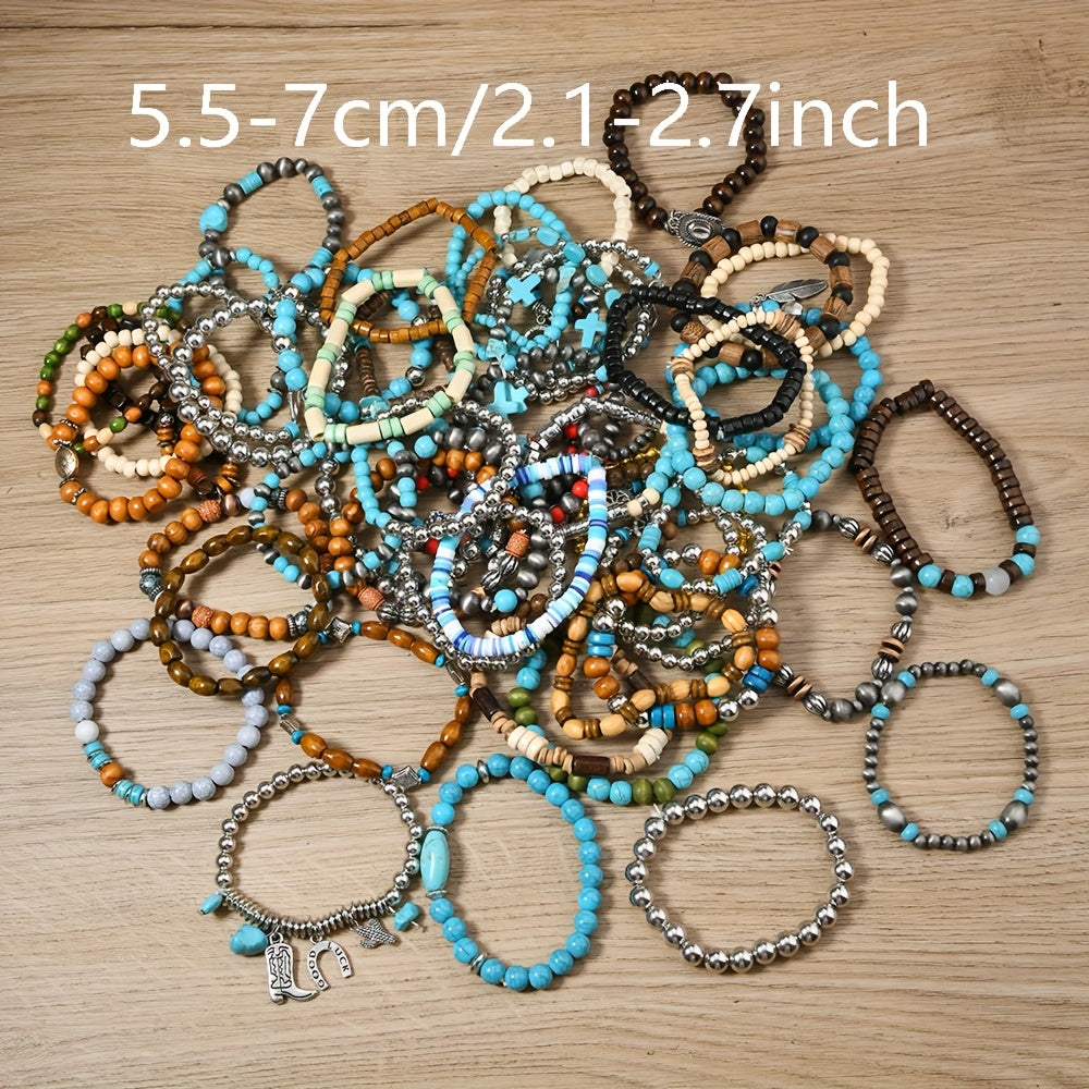 Women’s Boho Wooden Bead Elastic Bracelet Set with February Birthstone Accents