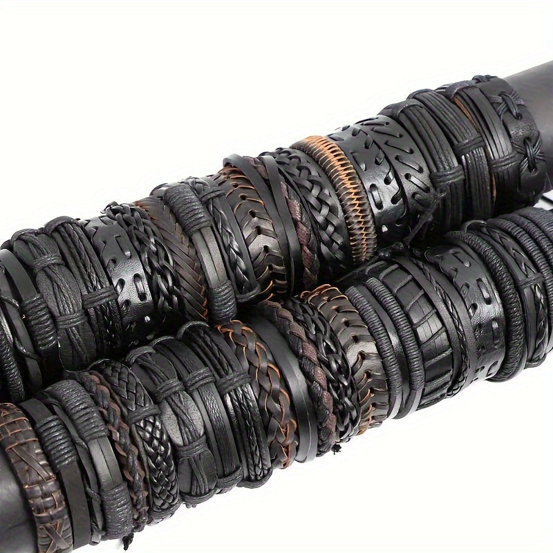 Set of 10 20 or 30 Faux Leather Bracelets for Men Women Adjustable Black Brown Gift