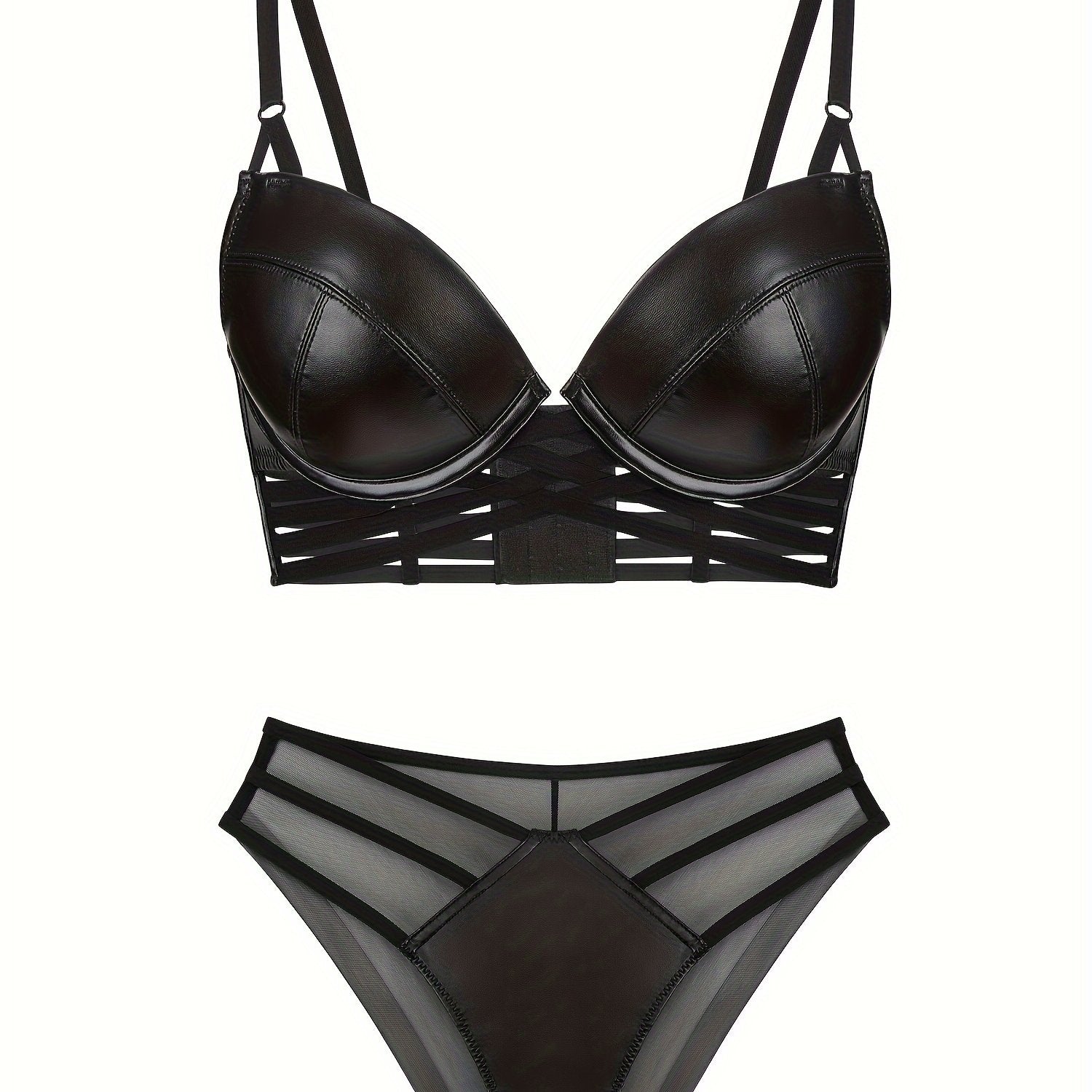 Women's PU Leather Cami Bra and Panty Set Sexy Lingerie