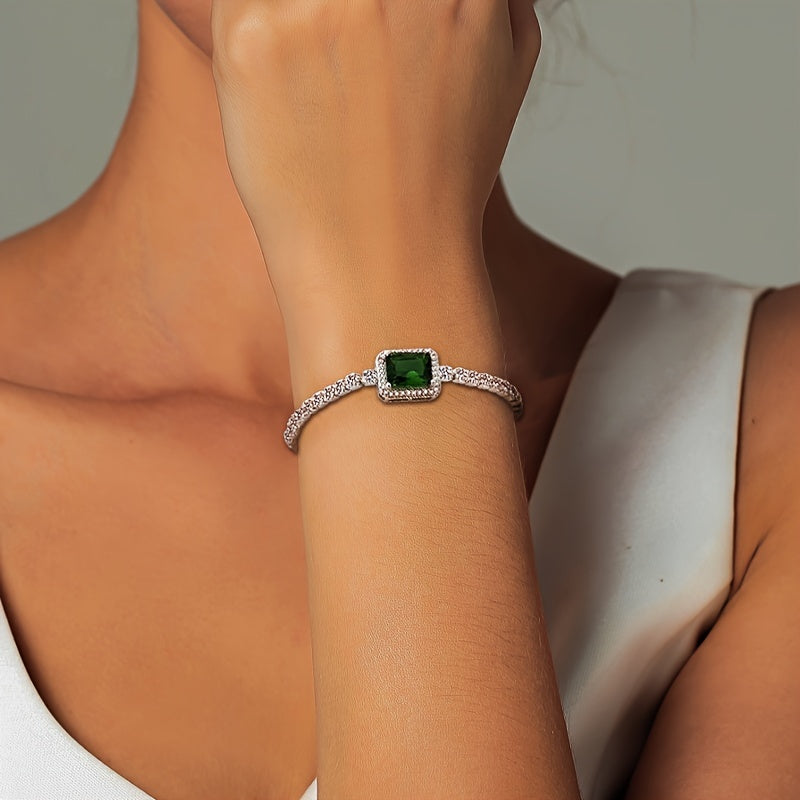 Women's Silver Bracelet with Green Zirconia Stones Adjustable Jewelry for Daily and Special Occasions