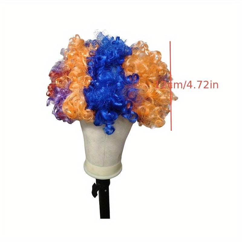 Многоцветная афро-клоунская парик из полиэстера, идеально подходит для игривых выступлений и костюмов с кудрявым, взрывным акцентом в виде фана. Идеальный реквизит для добавления изюминки в ваш ансамбль.