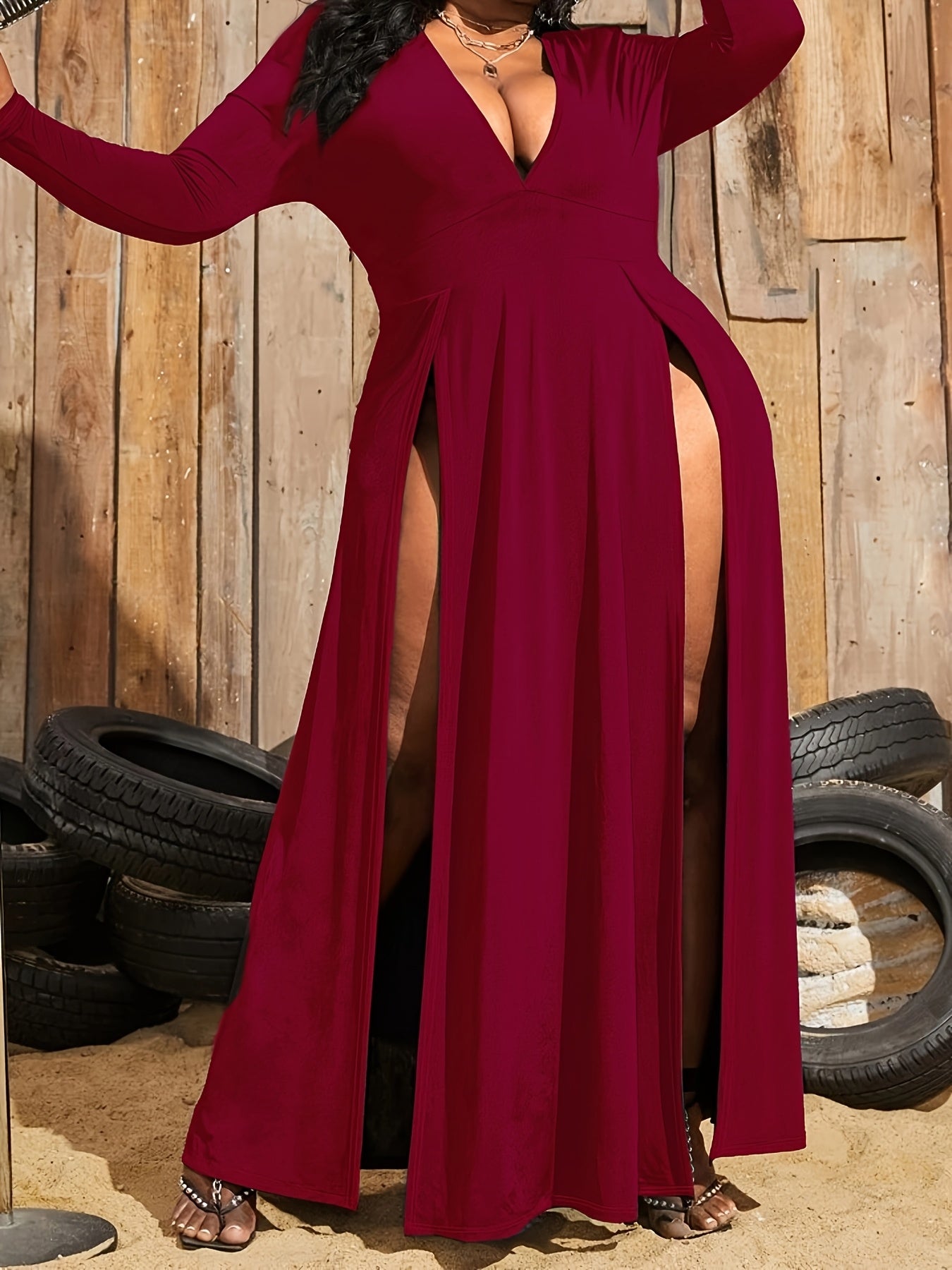 Plus Size Deep V High Slit Nightgown Sexy Home Dress