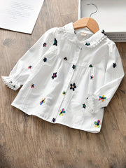 Girls' Boho Embroidered Cotton Blouse Long Sleeve Casual Shirt for Spring Fall