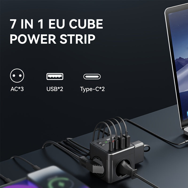 EU Power Strip with 7 Outlets USB-C Ports and Extension Cords for Home Office Travel