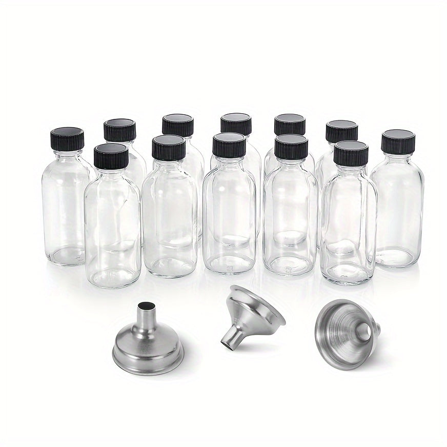 12 Mini 2oz Clear Glass Bottles with Lids and Stainless Steel Funnels for Juice Wellness Shots and Liquor