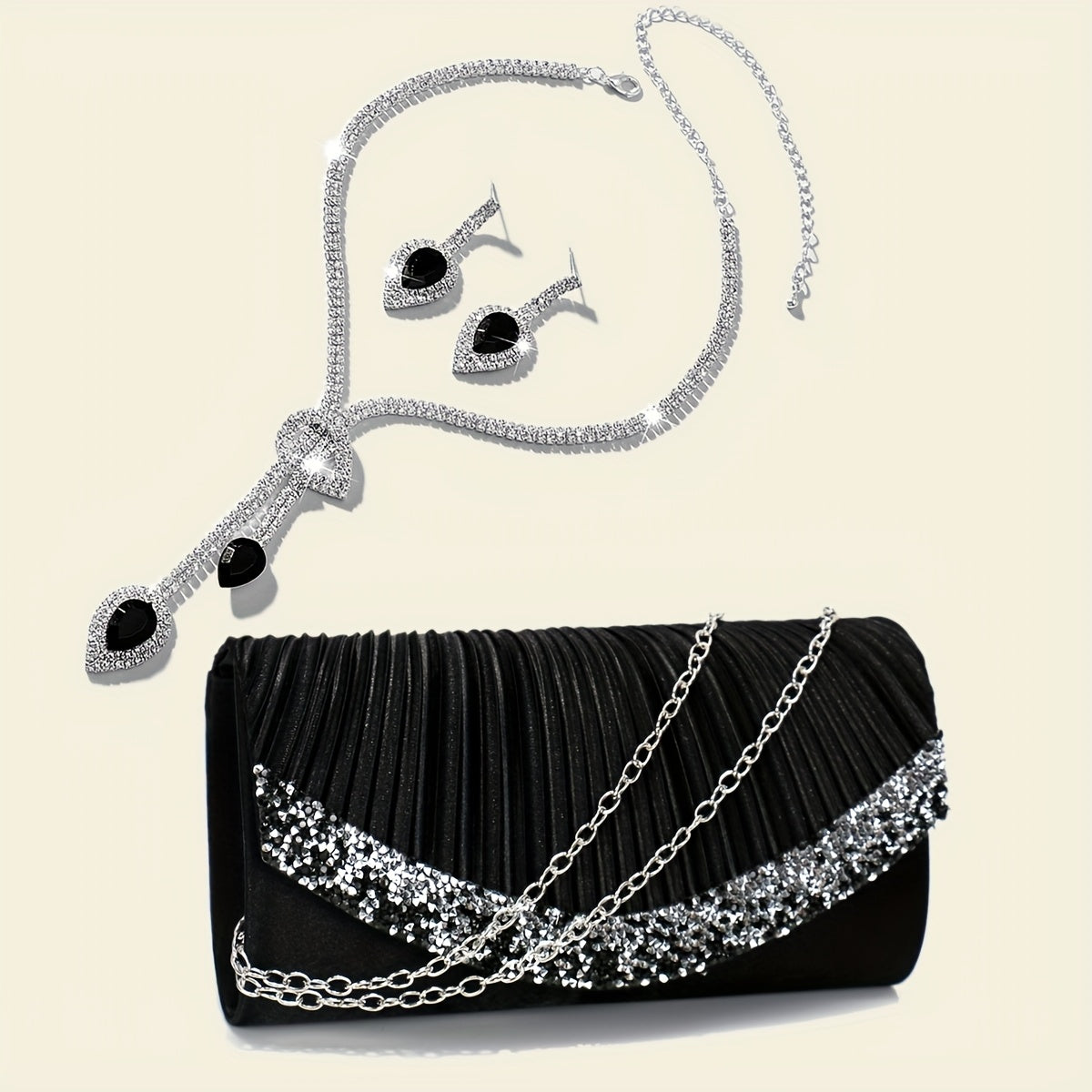 Elegant Satin Evening Clutch Bag with Rhinestones and Detachable Chain for Weddings and Parties
