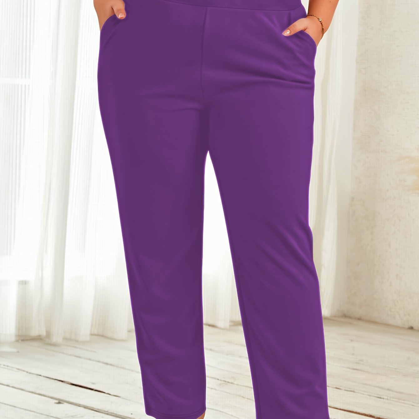 Women Plus Size Stretch Straight-Leg Pants Green Mid-Rise Casual