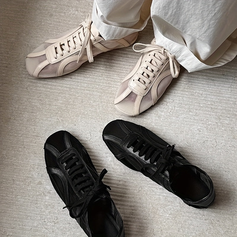 Women's Breathable Lace-Up Ballet Flats Almond Toe Casual Shoes Black