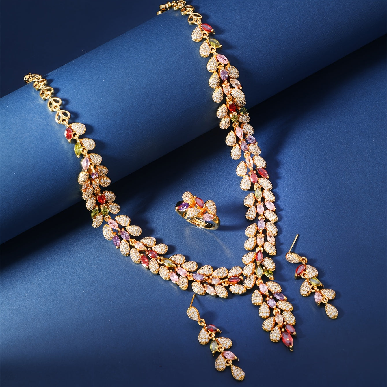 Middle Eastern Copper Jewelry Set with Zirconia Stones and Wheat Tassel Design