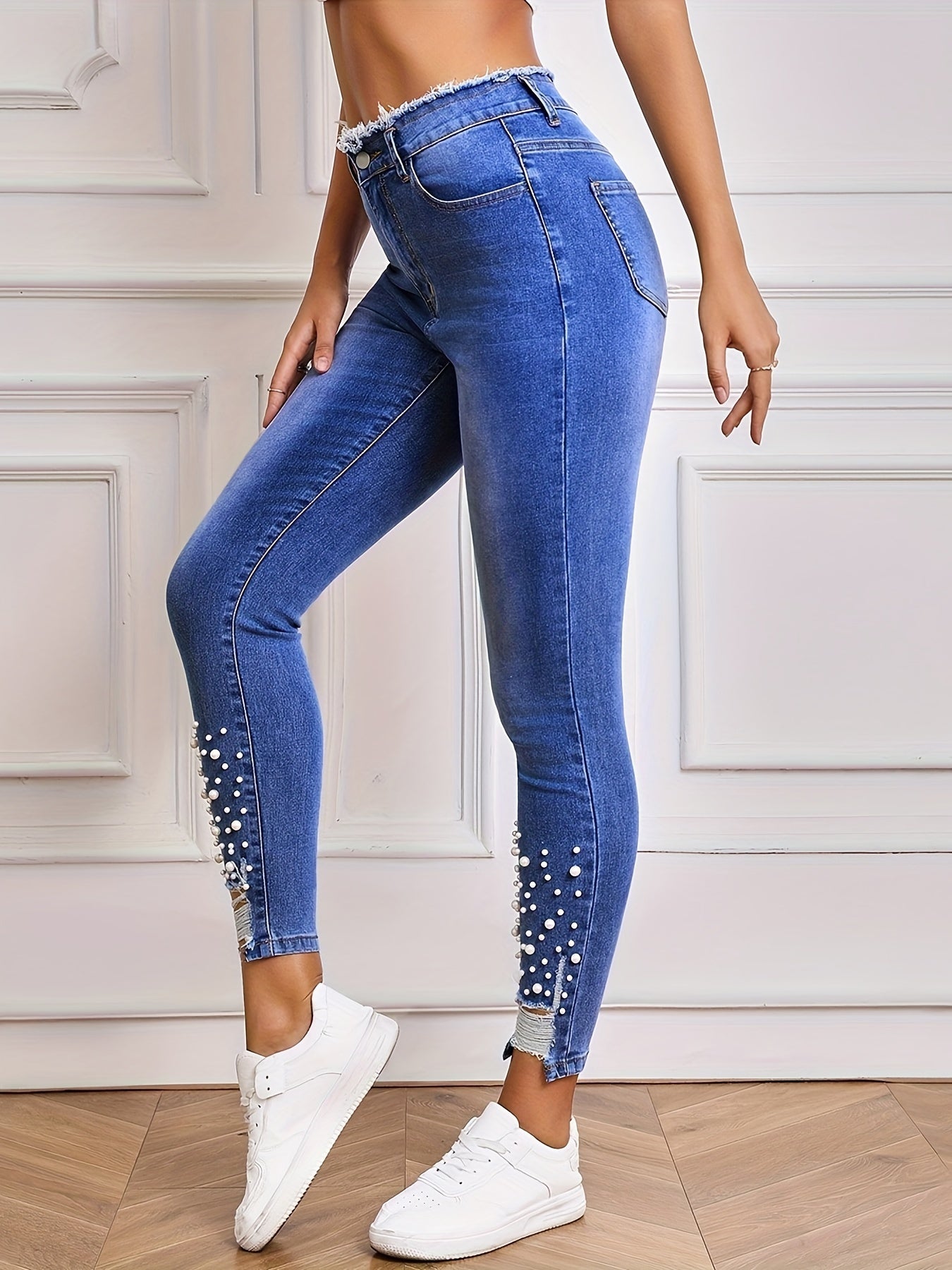 Women's High Stretch Skinny Jeans with Faux Pearl Decor for All-Season, Denim