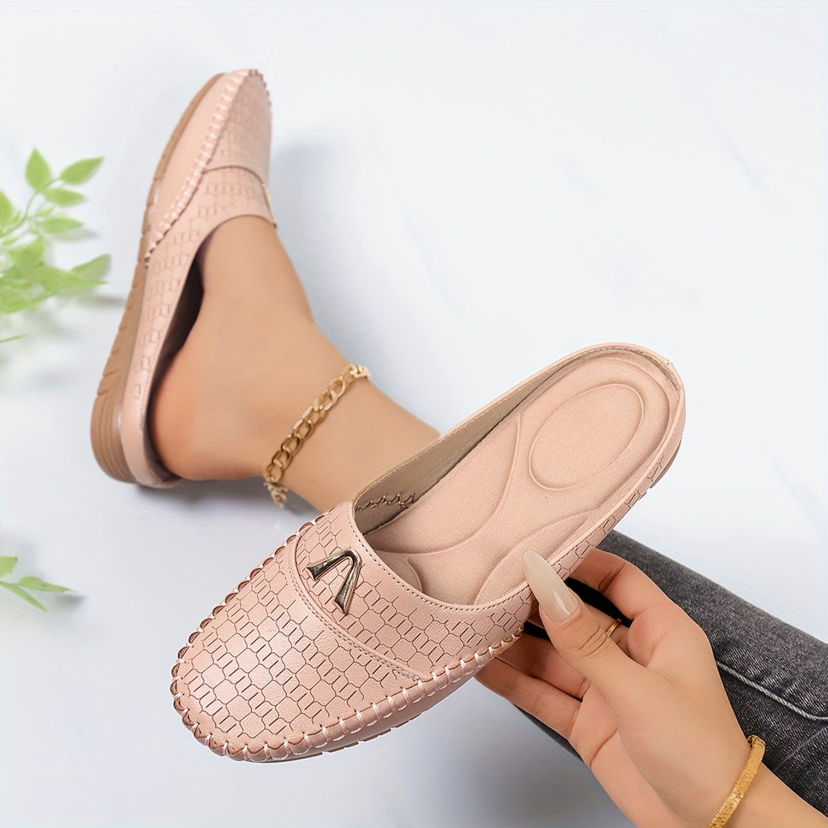 Women's Slip-On Mules Lightweight Flat Shoes with Metal Buckle