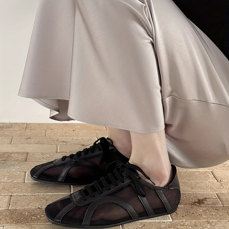 Women's Breathable Lace-Up Ballet Flats Almond Toe Casual Shoes Black