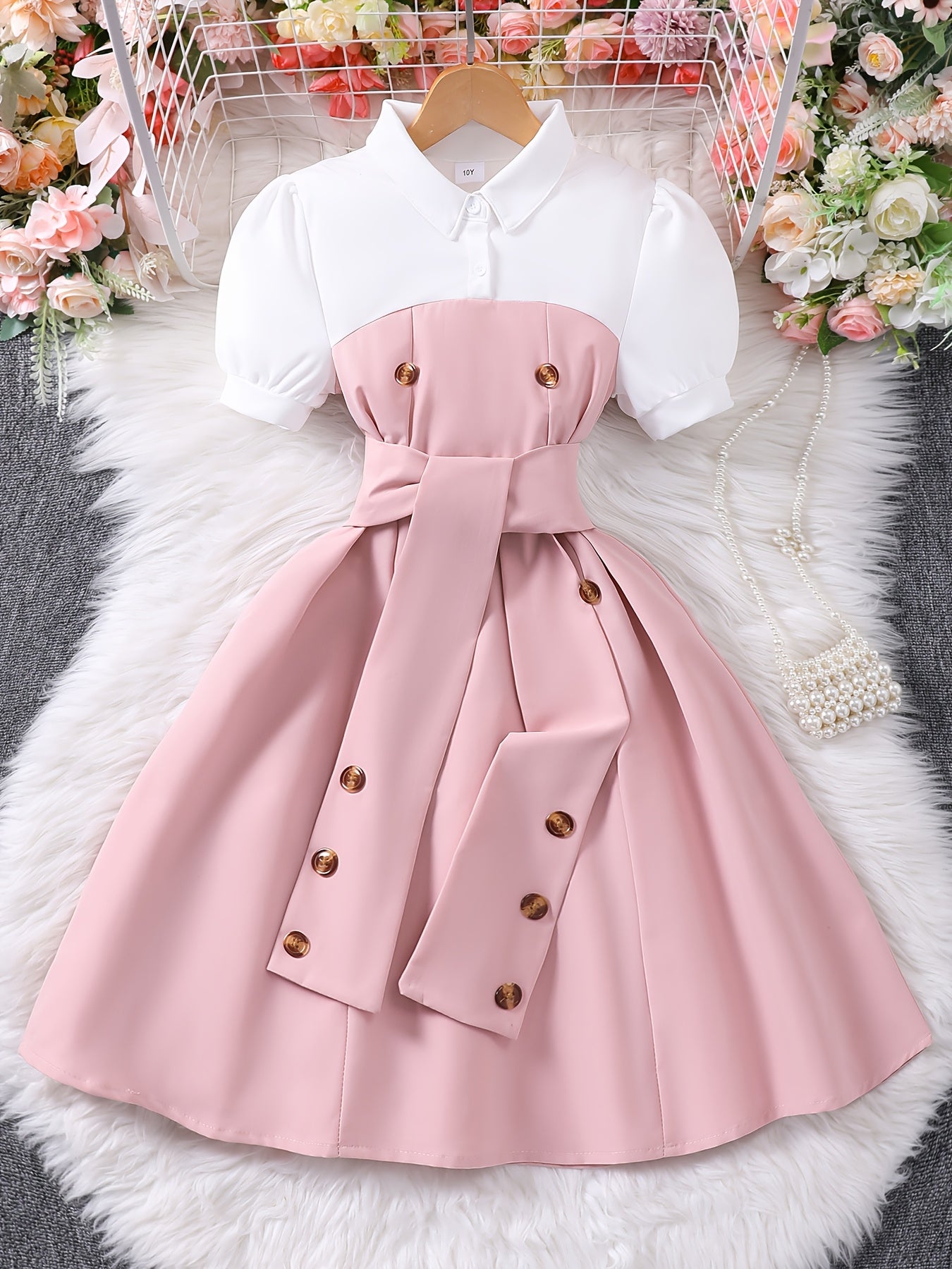 Girls Summer Dress Short Sleeve Collared Beige White Leopard Buttons Belt Casual Polyester