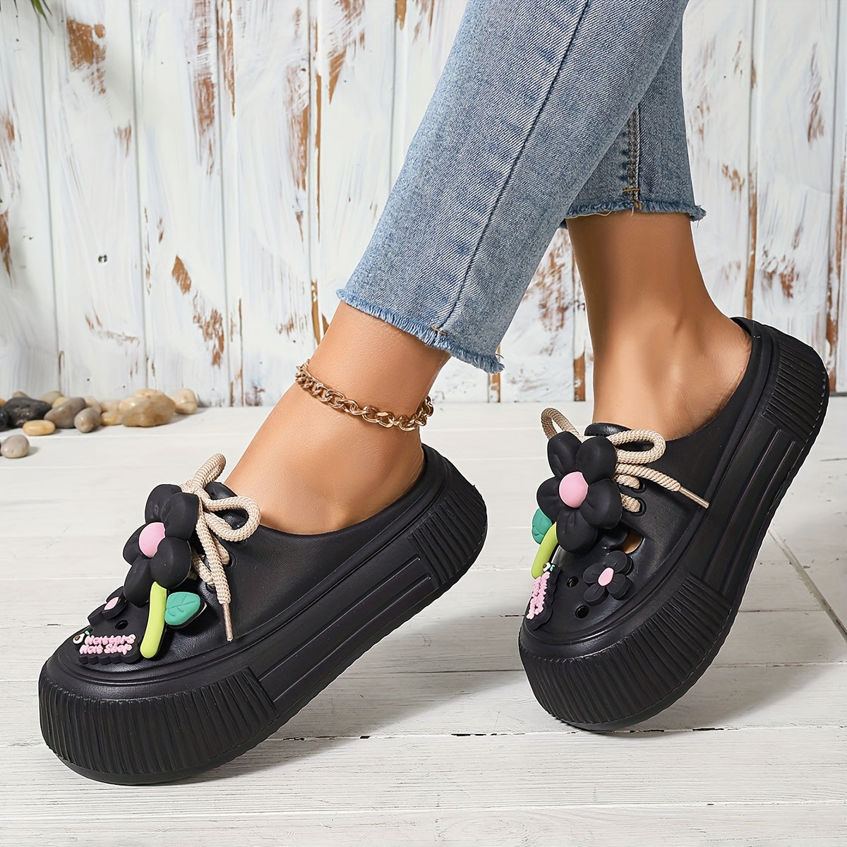 Women's Casual Flower Pattern EVA Mules, Sunflower Design, Flat Heel