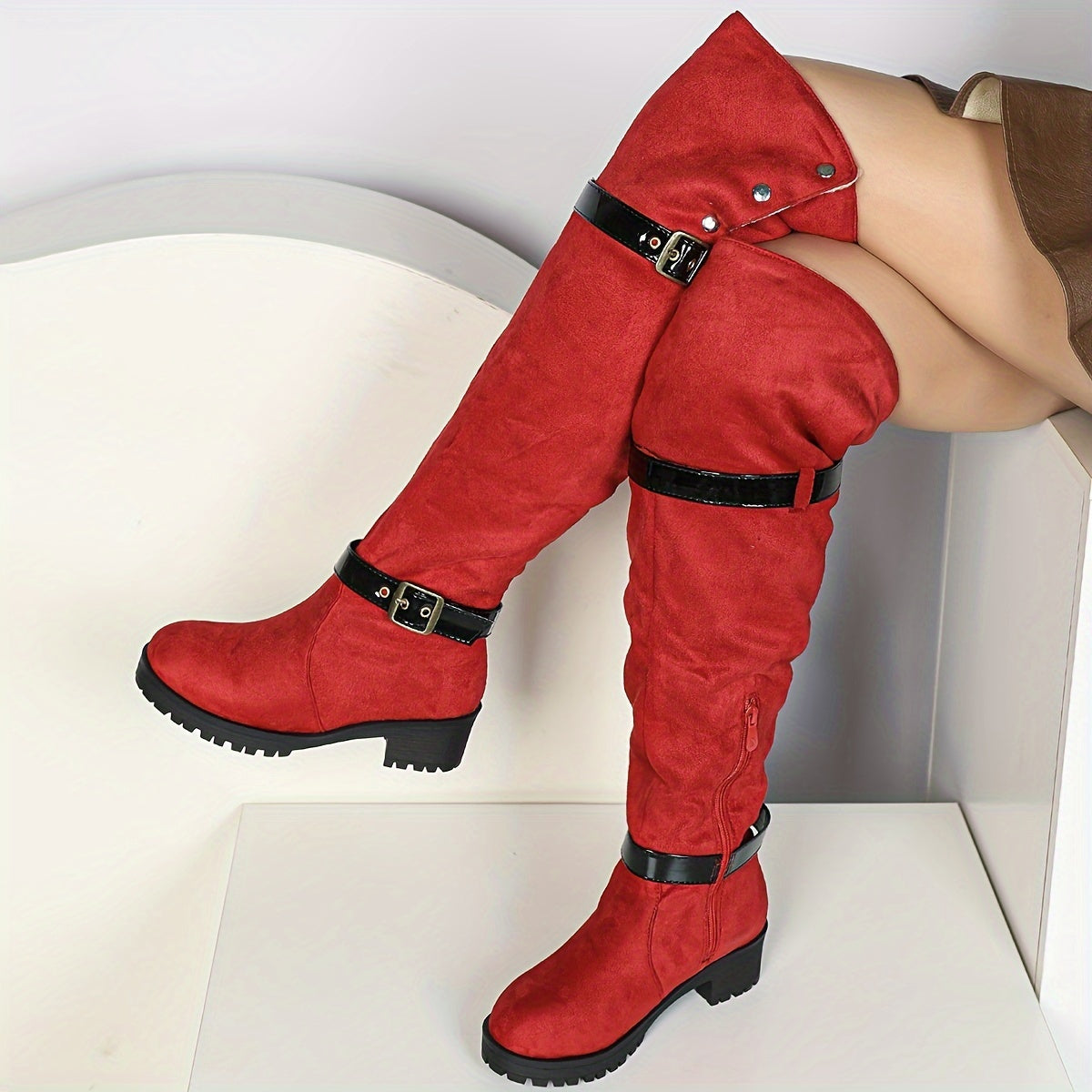 Women's Over-the-Knee Western Boots Buckle Round Toe Winter Lined