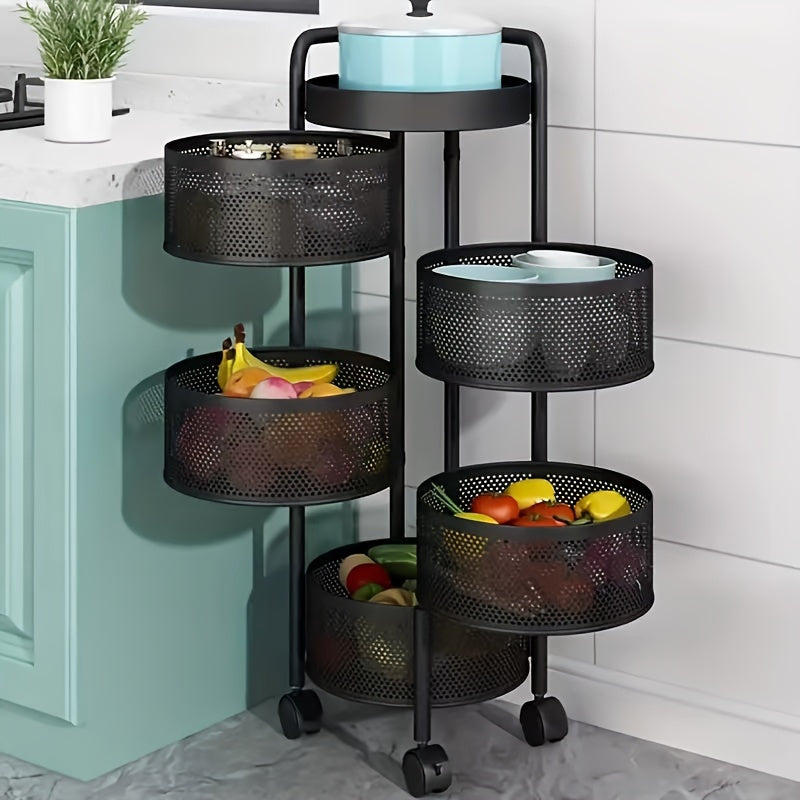 5-Tier Rotating Vegetable Storage Rack with Metal Shelves and Casters