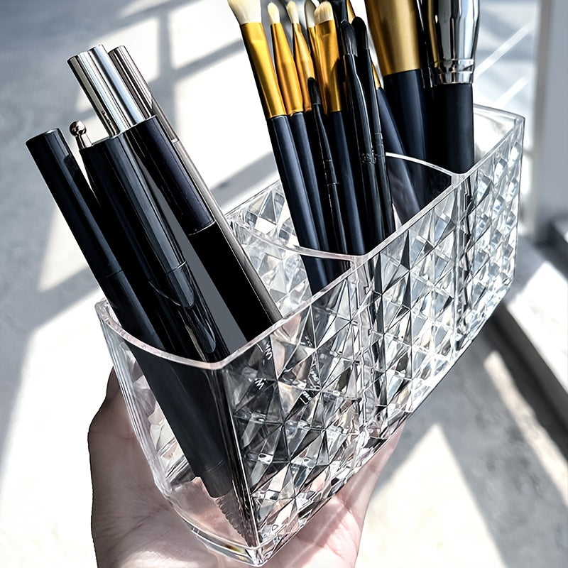 Стильный органайзер для кистей с 3 отделениями, выполненный из легкого прозрачного акрила с геометрическим дизайном для туалетного столика или стола, не требует электроэнергии. Органайзер для макияжа для туалетного столика или стола.