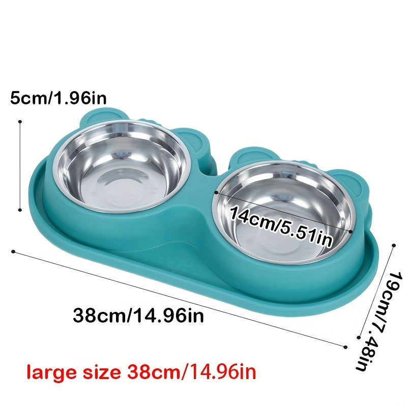 Stainless Steel Double Dog Bowls Set on Spill-Proof Stand for Drinking and Feeding