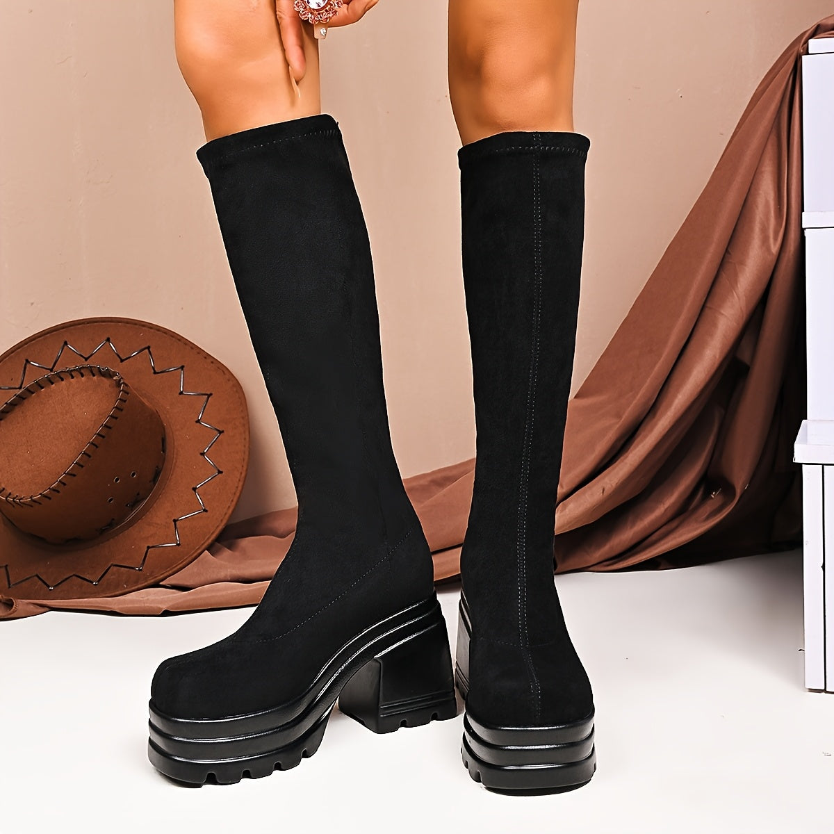 Women Black High Heel Chunky Platform Ankle Boots with Thick Sole Winter Footwear