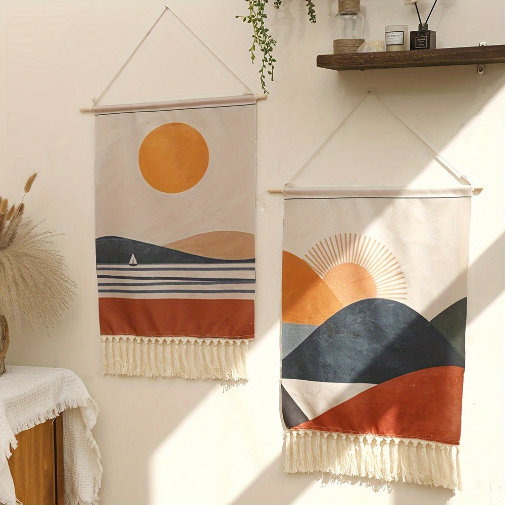 Bohemian Linen Wall Tapestry with Fringe Border Sun and Sailboat Design for Living Room or Bedroom
