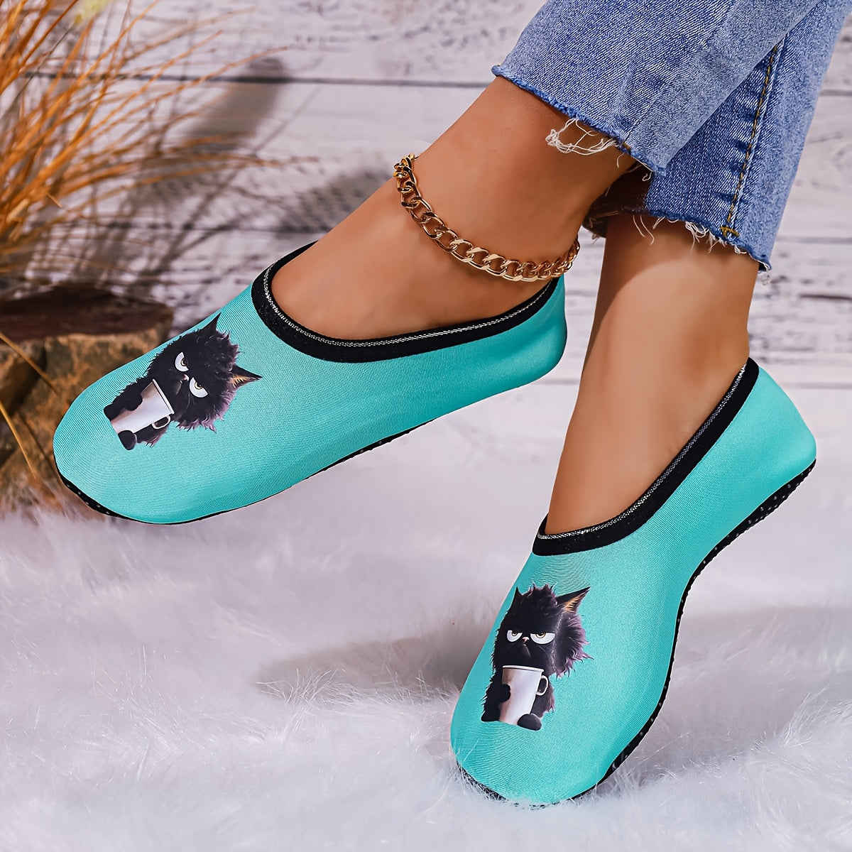 Women's Indoor Slippers Soft Fabric Cat Print Cozy House Footwear