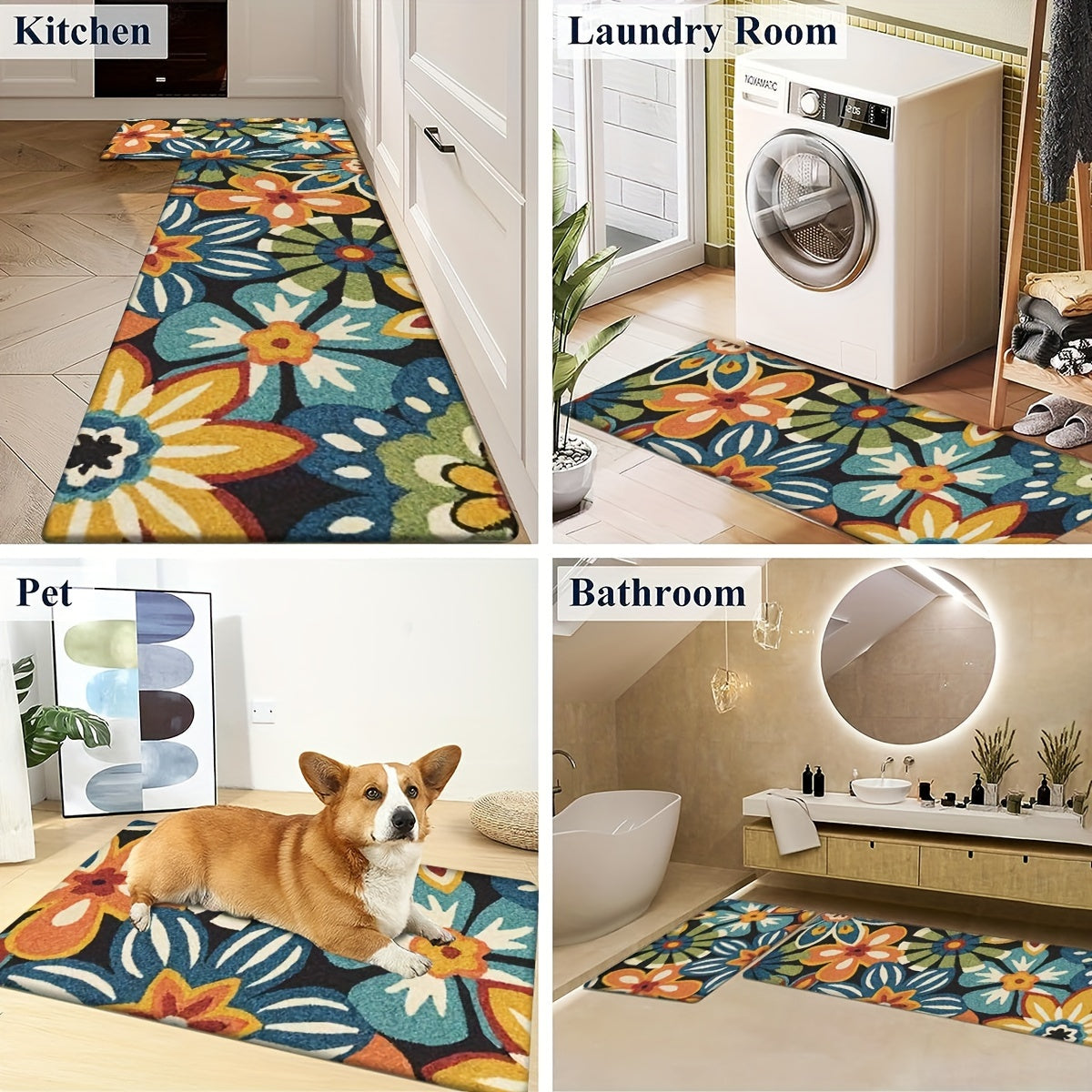 Alfombrillas de cocina con patrón de flores, 2 piezas, antideslizantes, absorbentes, lavables a máquina