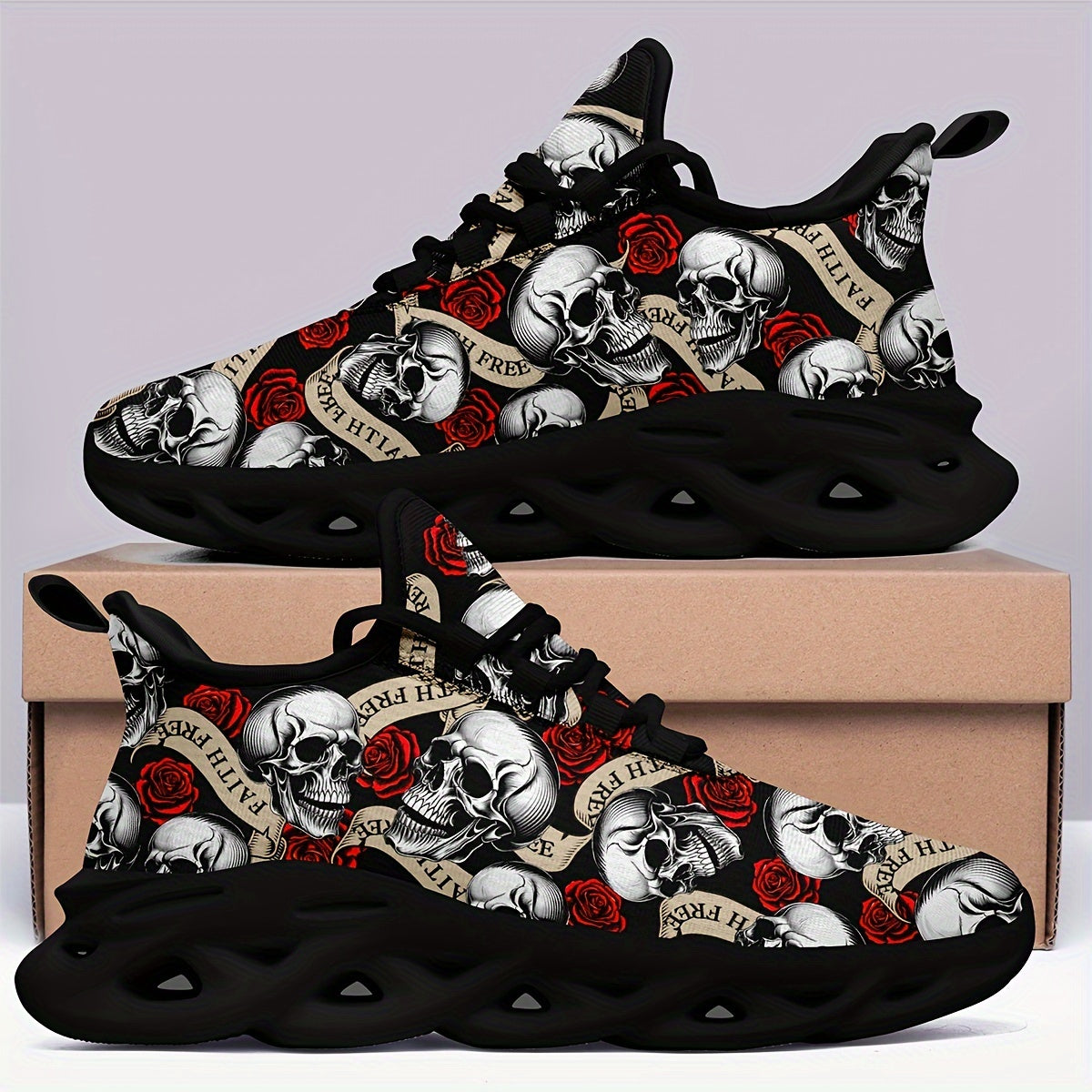 Gul va qurbongoh naqshiga ega, shoelace dizayni, sirpanmaydigan va zarbani yutuvchi taglikka ega bo'lgan kattalar o'lchamidagi erkaklar krossovkalari.