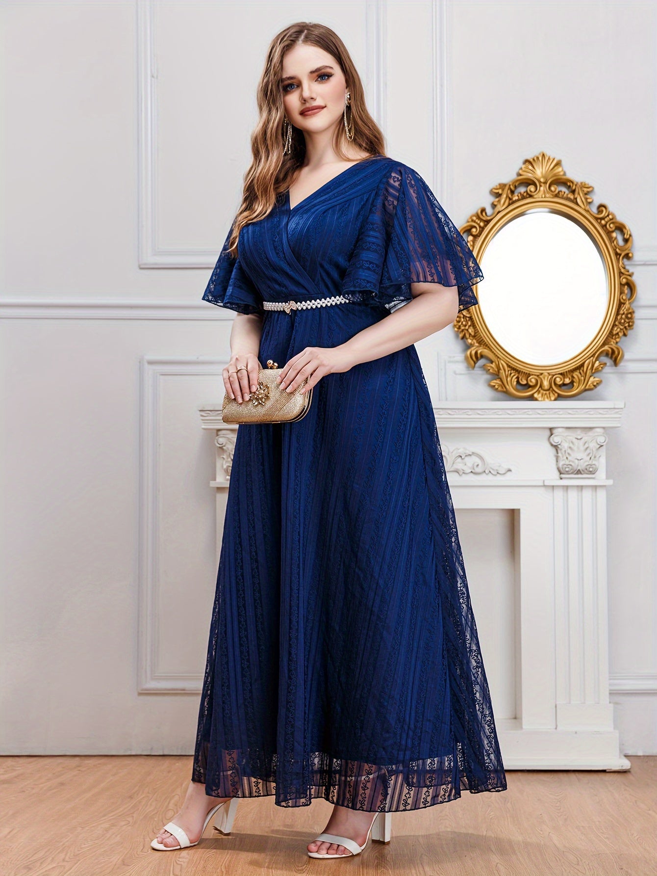 Plus Size Women's Polyester Evening Gown V-Neck Ruffles Pearl Belt