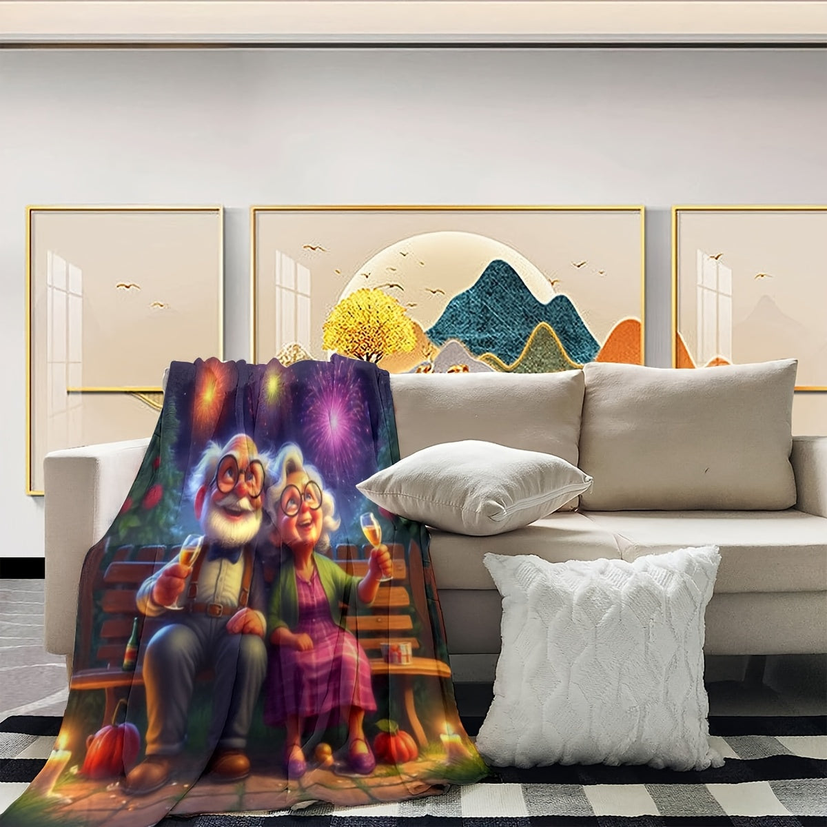 Contemporary Grandparents Print Flannel Blanket Soft Throw for Living Room Sofa Bedroom