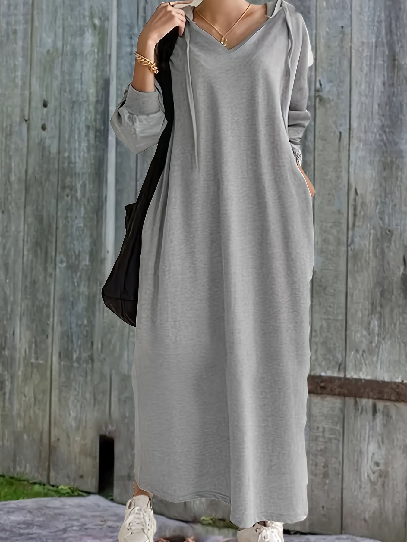 Plus Size Solid Drawstring Hooded Maxi Dress for Fall Winter Casual Women