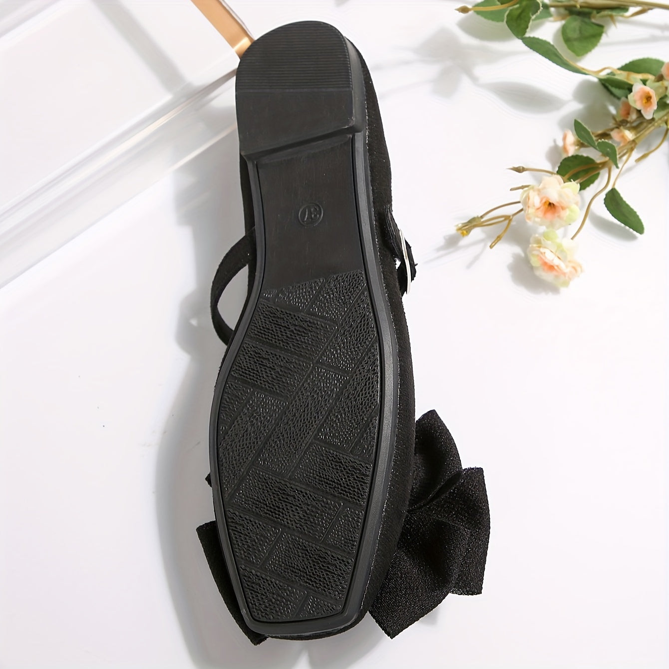 Women's Flats with Bow and T-Bar Closure Black Fabric Square Toe All-Season