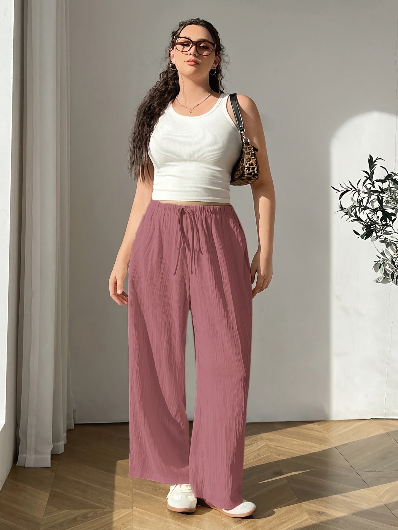 Plus Size Women's Casual Pants Polyester Pink Drawstring Straight Leg