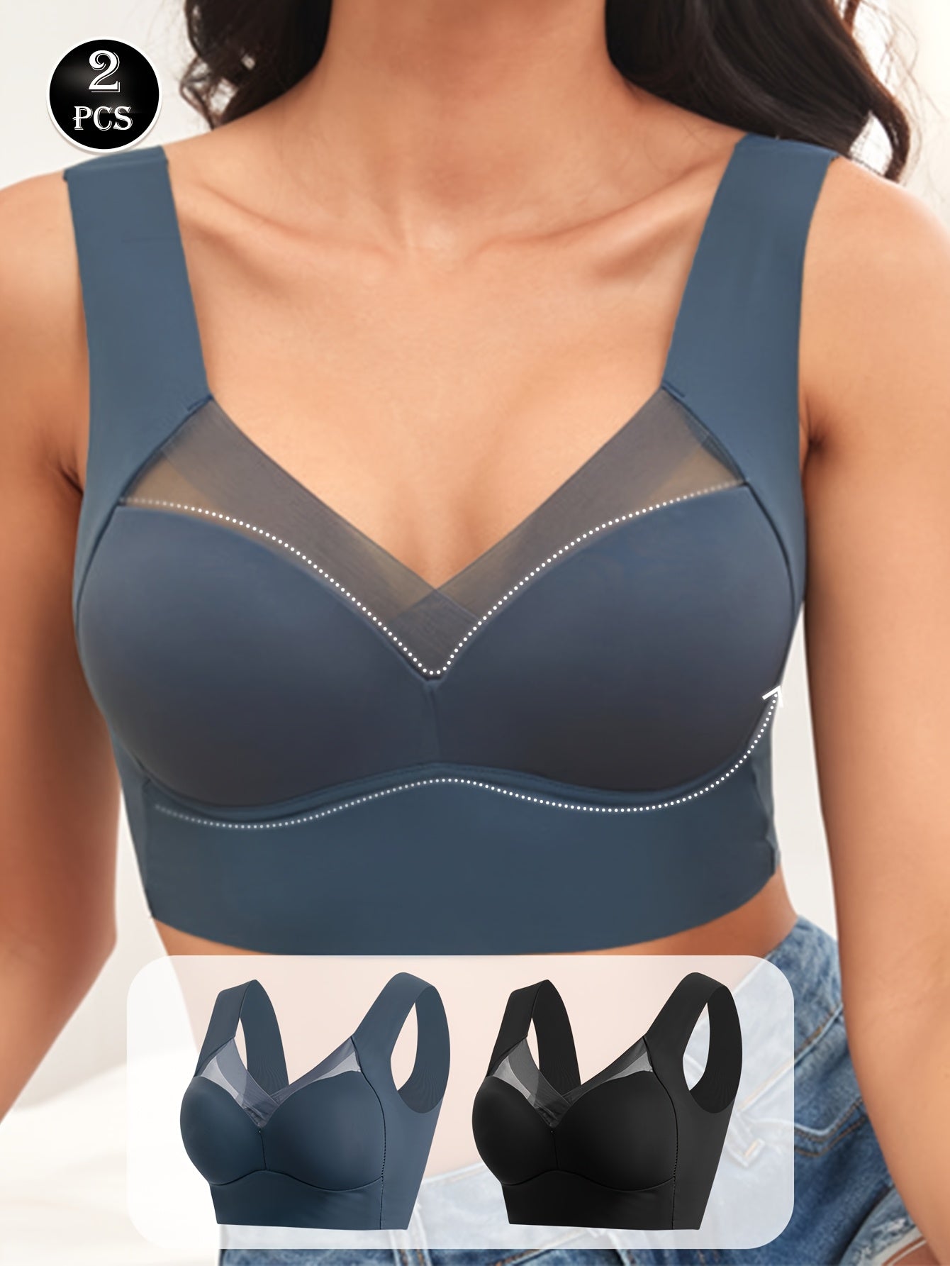 Women Seamless Wireless Breathable Sports Bras 2 Pack Light Pink Blue