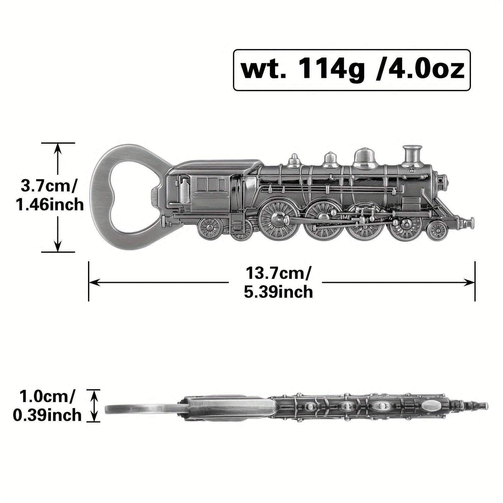 Temir yo'l lokomotivi shaklidagi shisha ochgich, pivo, vino va sharbatlar uchun mo'ljallangan, barlar, klublar, restoranlar, uy barlari va yozgi ichimliklar uchun ideal, ipak sumkada.