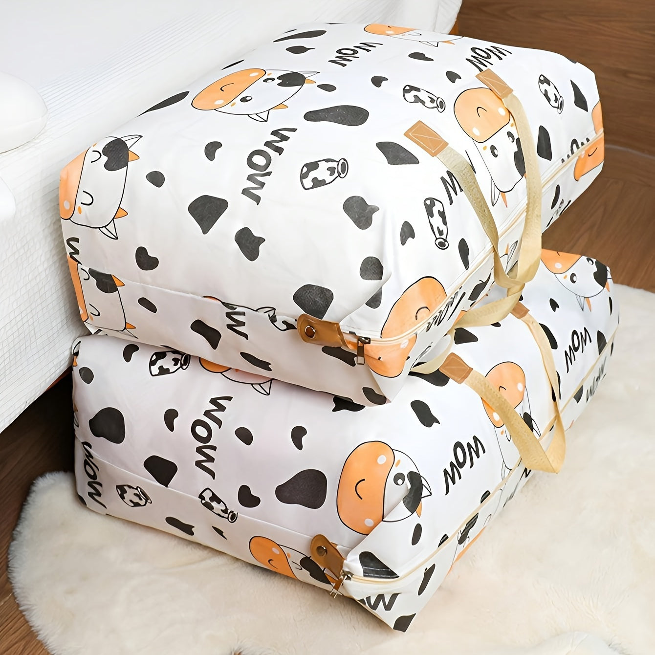 Большая ёмкость полиэстерового сумки для хранения с милым дизайном в коровьем принте для взрослых. Идеально подходит для переезда и организации. Оснащена ручкой для удобства переноски. Размеры 14+ дюймов.