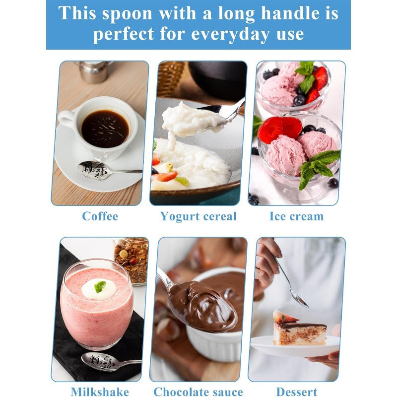 Cuchara de acero inoxidable grabada para café, postre, helado, regalo