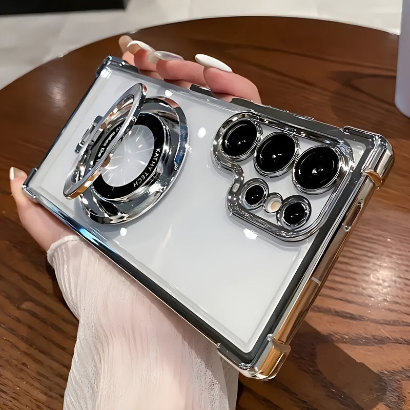 Transparent Electroplated Magnetic Absorption Phone Case for Samsung Galaxy S24 Ultra with Stand and Lens Protection