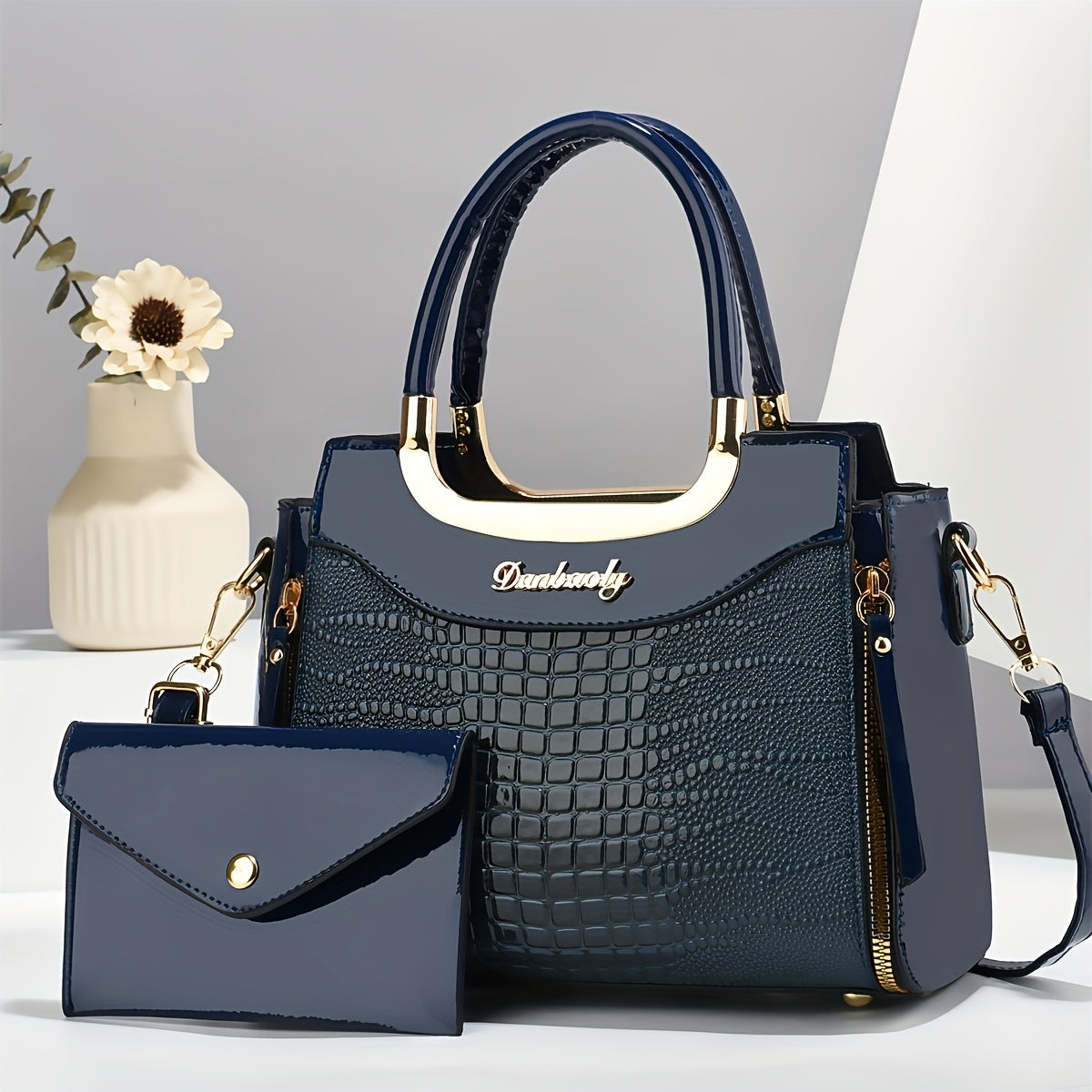 Faux Leather Animal Print Shoulder Bag with Matching Wallet Removable Strap Zipper Closure