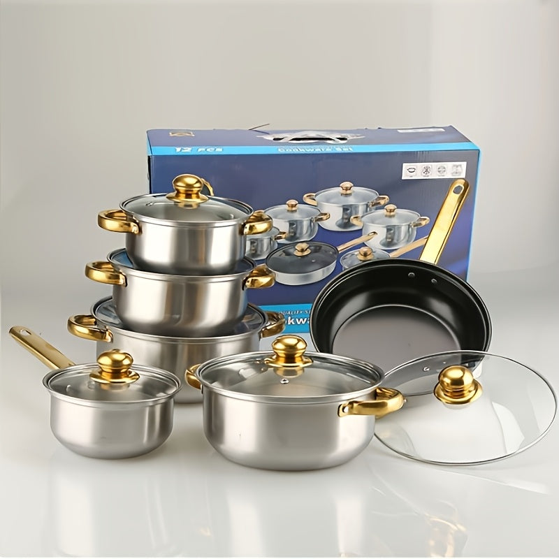 Stainless Steel Cookware Set 12 Pieces Induction Compatible Pots Pans Golden Handles