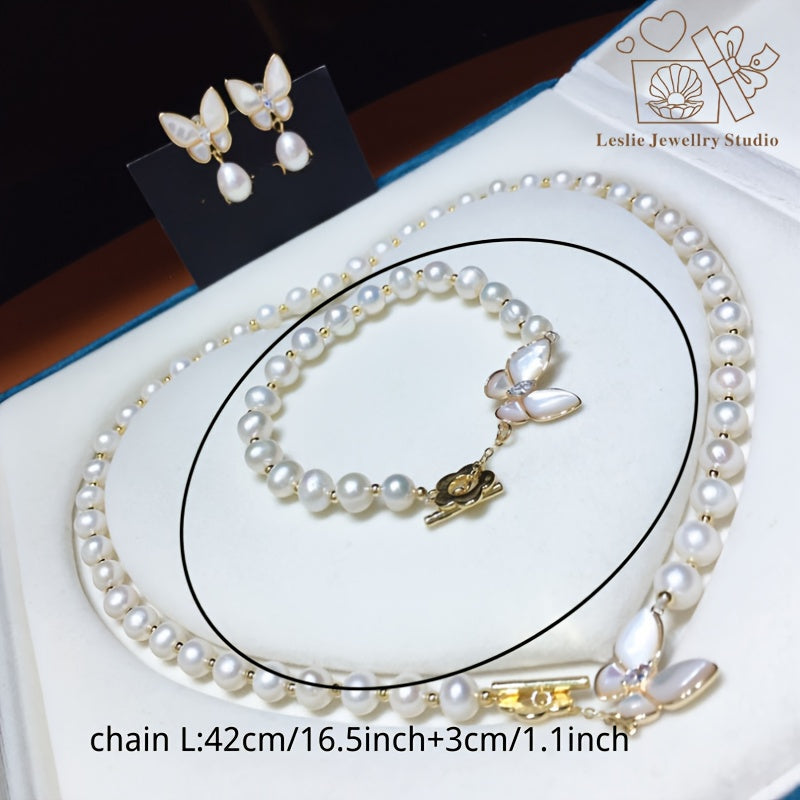 Women's Pearl Jewelry Set Necklace Bracelet Earrings Gift Box