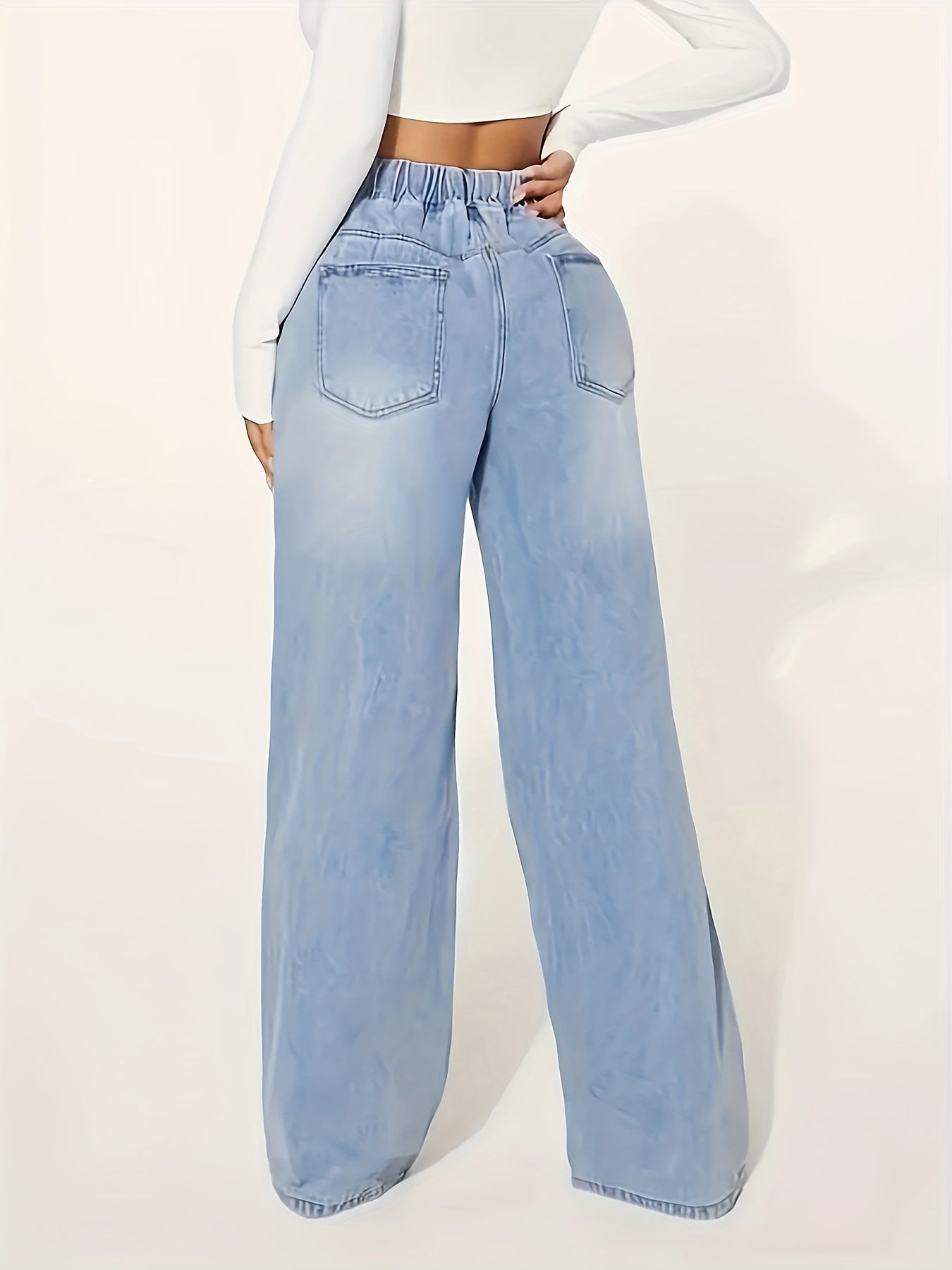 Blue Denim Wide Leg Jeans with Drawstring Waist for Casual Fall Style