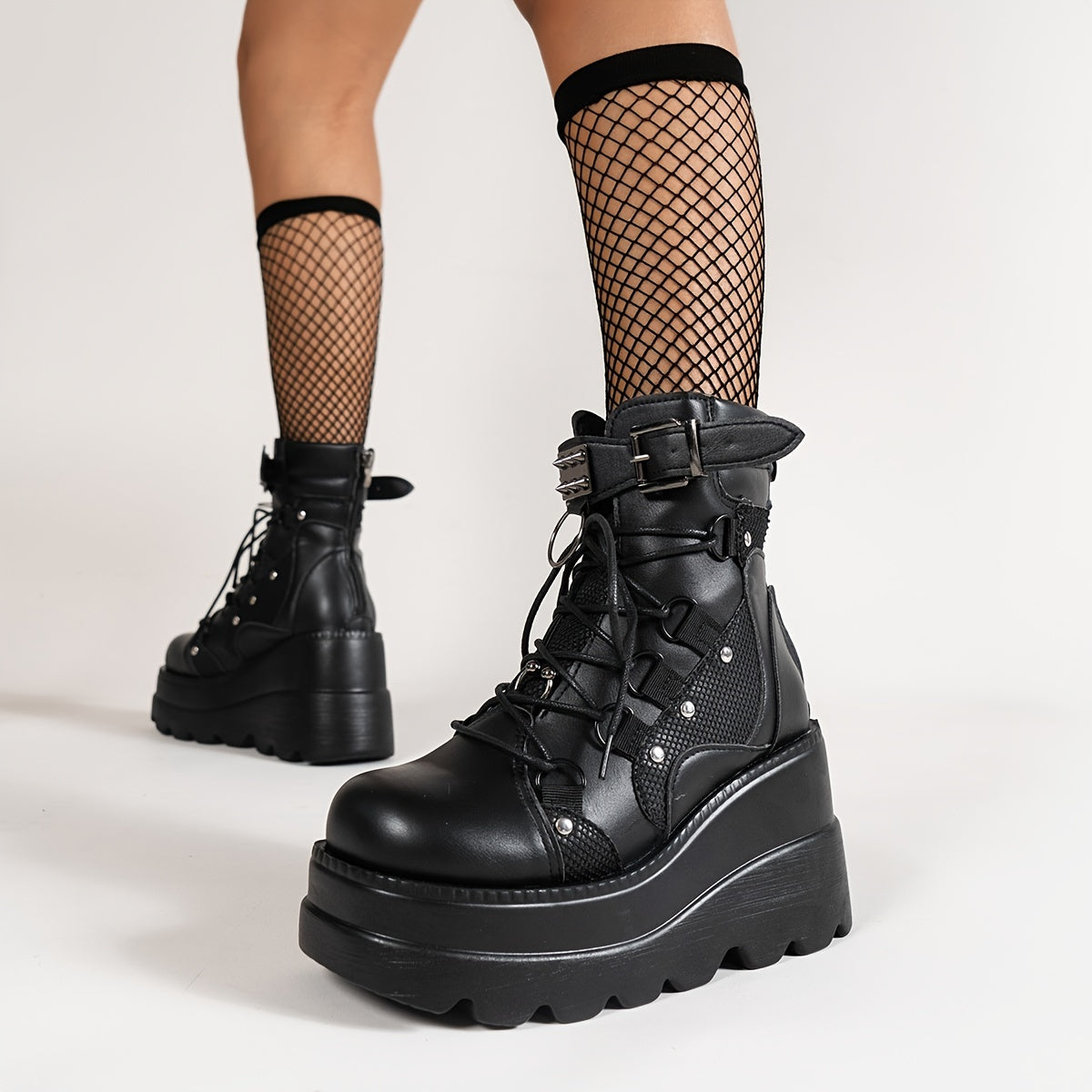 Women's Platform Punk Style Lace Up Boots with Zipper in Solid Color