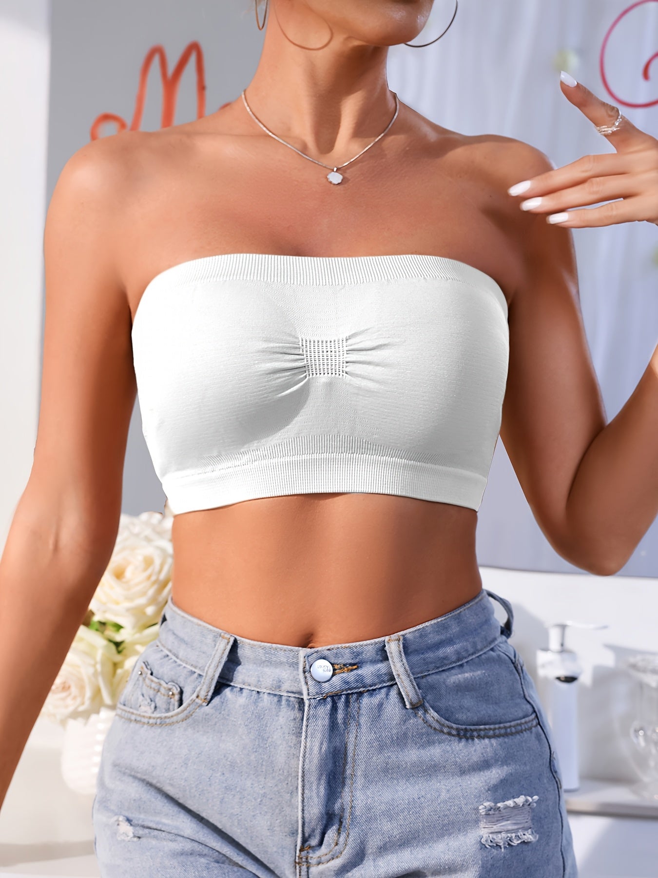 Women's Seamless Mesh Non-Slip Wireless Bandeau Bra Black 3 Pack