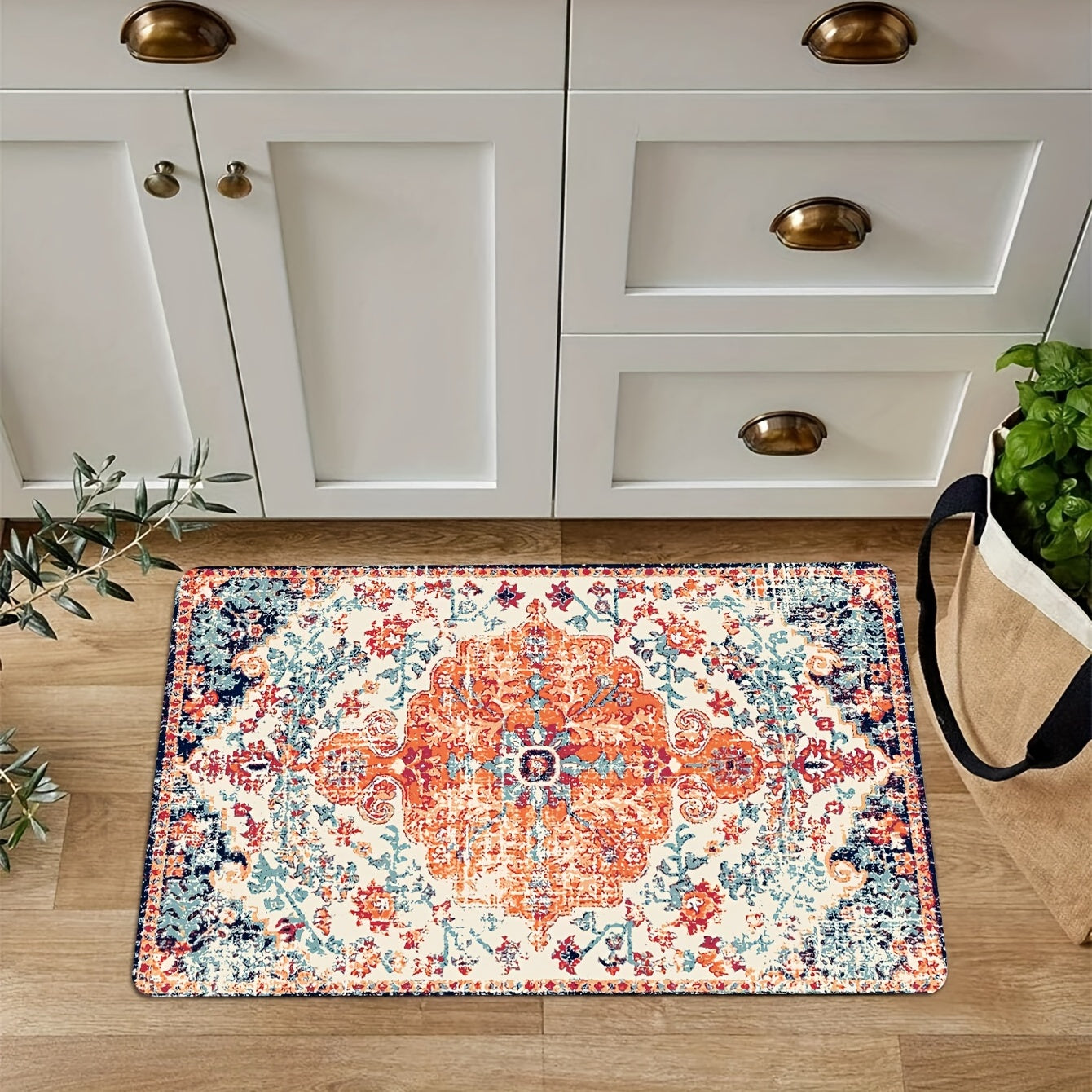 Vintage Boho Anti-fatigue Kitchen Mat with Persian design, made of polyester with anti-slip backing. Can be used as a hallway carpet, bath mat, laundry floor mat, entrance doormat, or household runner rug. Washable and absorbent, perfect for use in the