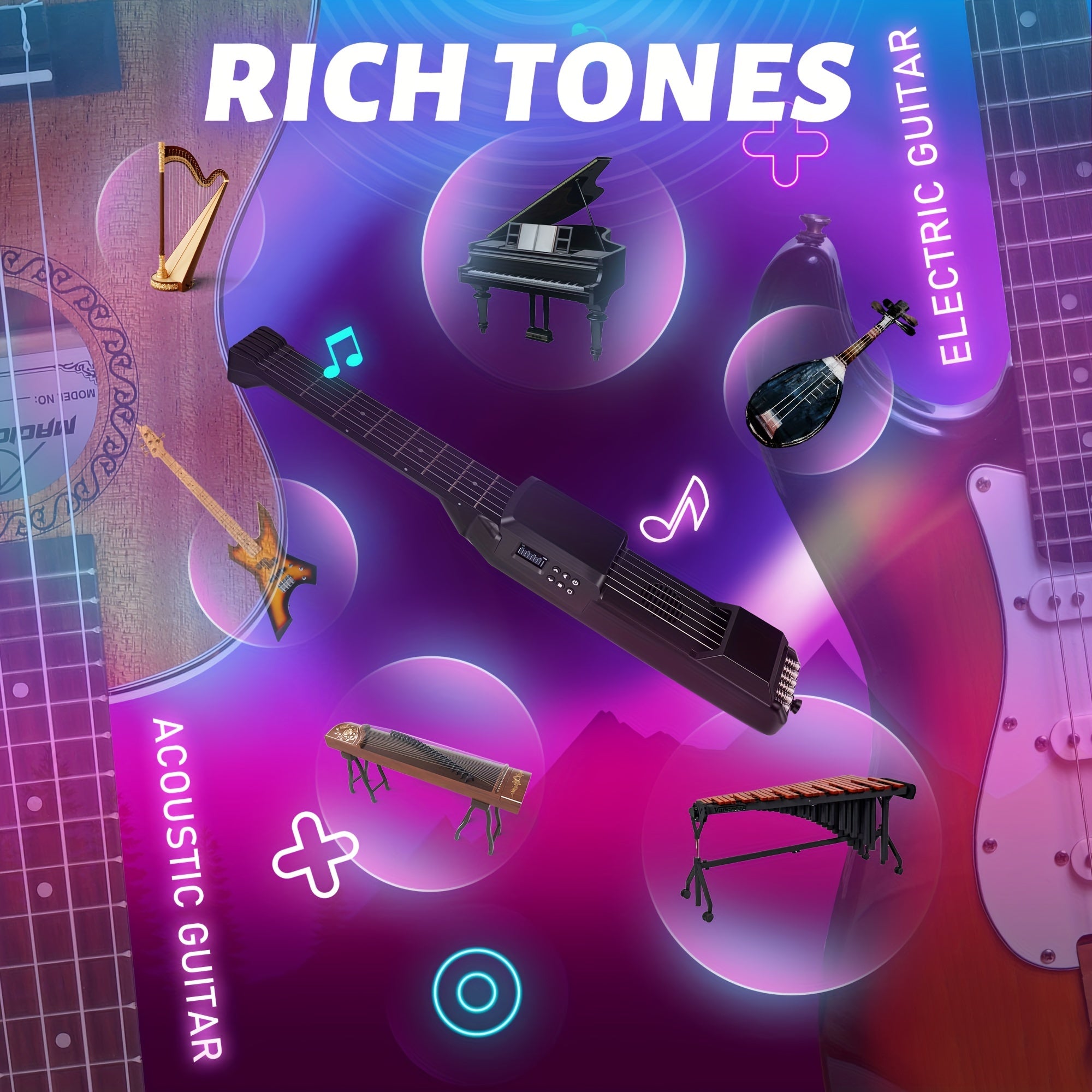 Electric Guitar with USB Charging, Portable Neck, White or Black