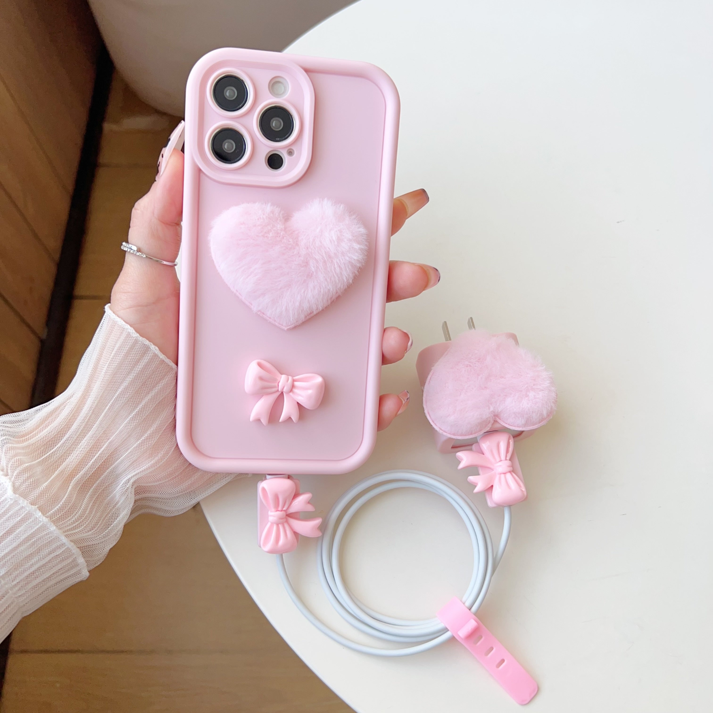 5-Piece iPhone Protection Set with Pink Butterfly Case Charger Cable Cases and Cable Tie