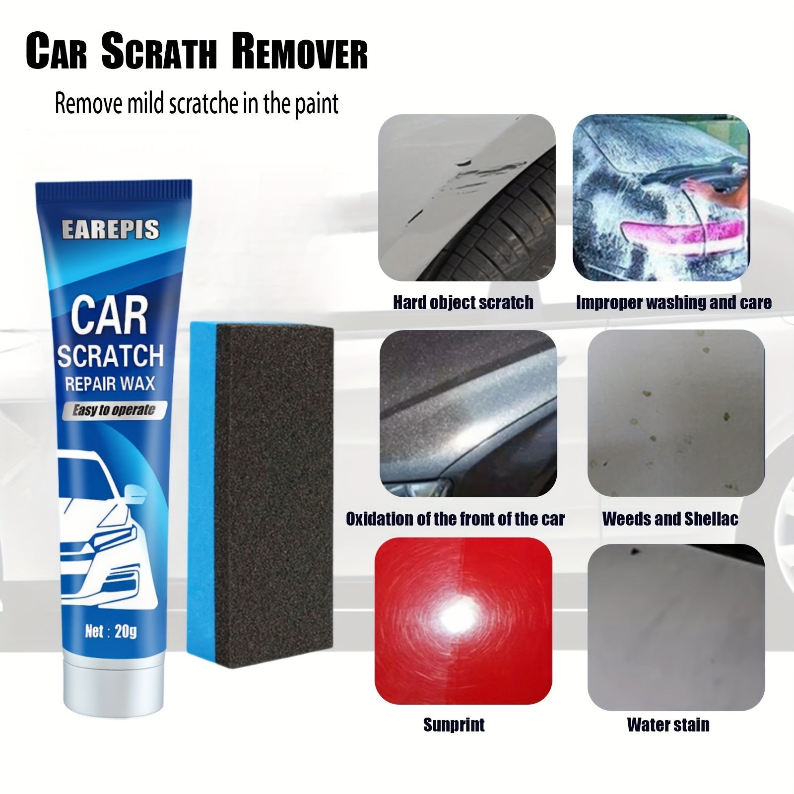 20g Car Scratch Remover Wax Kit with Sponge Applicator for Auto Surface Repair