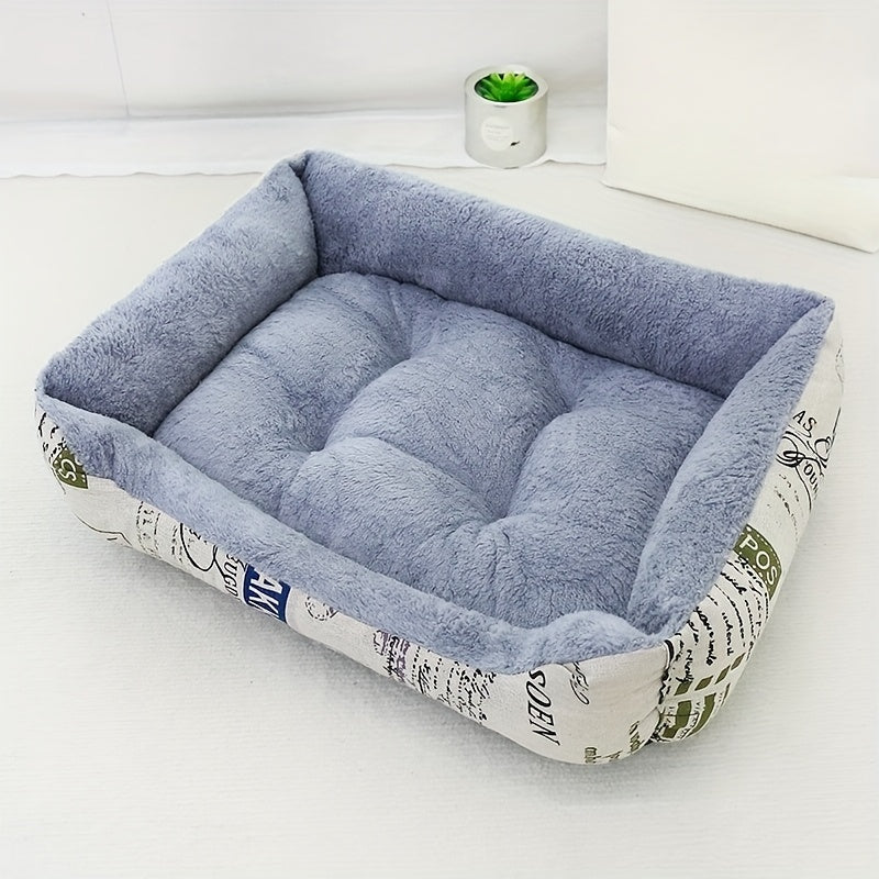 Light Blue Dog Bed with Newspaper Print Border for Small to Large Dogs All-Season Warmth and Comfort