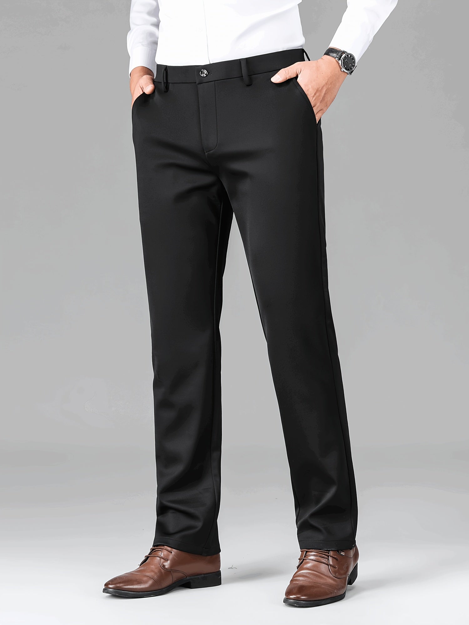 Pantalones de vestir semi-formales negros para hombre, tela elástica resistente a las arrugas, con bordado de insignia, para todas las estaciones, casual de negocios
